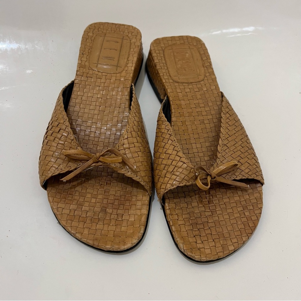 CEM Brown‎ Leather Weave Slip On Sandals, Elegant Tan Woven Women's Slides 7 M